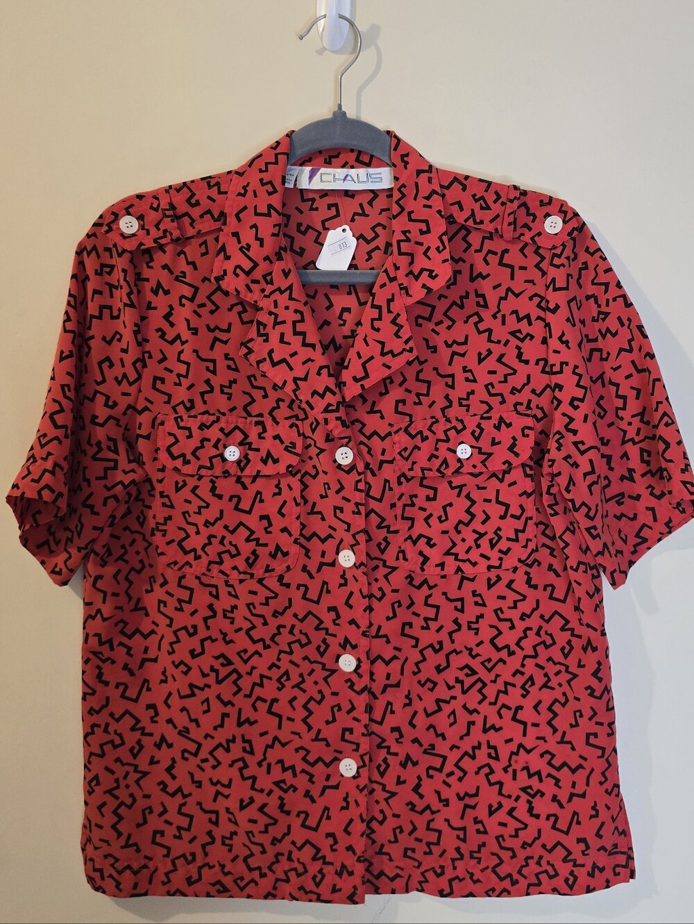 Vintage Chaus Button Up Shirt Women’s 6 Orange Black Geometric Short Sleeve 80s